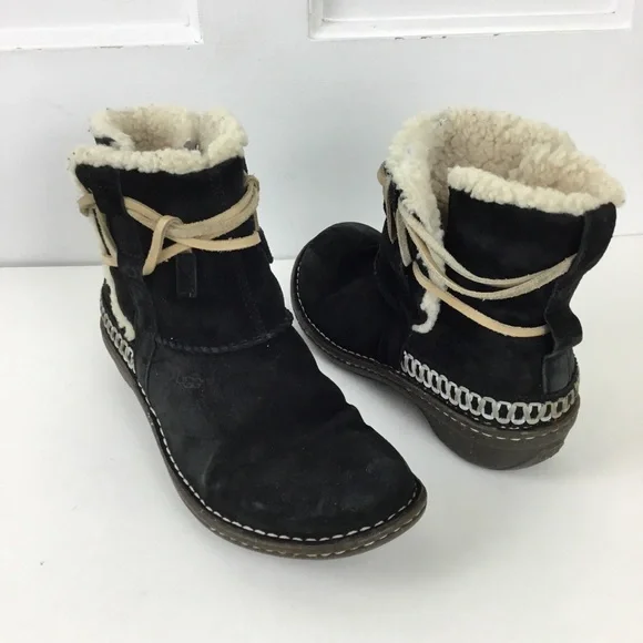 Ugg Women's Black Cove 5178 Suede Fur Ankle Winter Boot - Picture 2 of 12